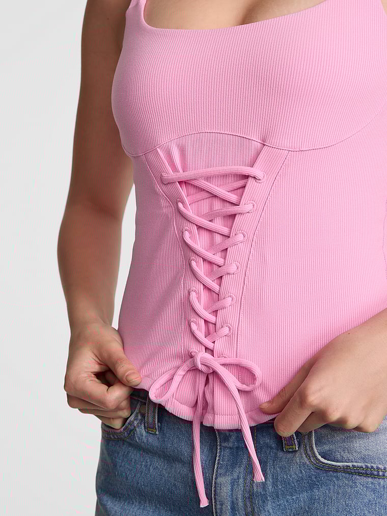 PINK Weiches, geripptes Korsett-Oberteil mit Schnürung für den ganzen Tag, Pink Lollipop, detail, 3 of 5 Taylor ist 5'8" oder 173cm und trägt S