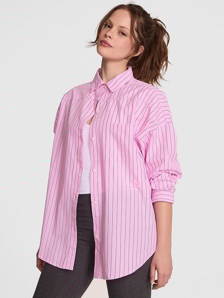 PINK Boyfriend-Schlafshirt mit Knopfleiste, Muster, onModelFront, 1 of 2