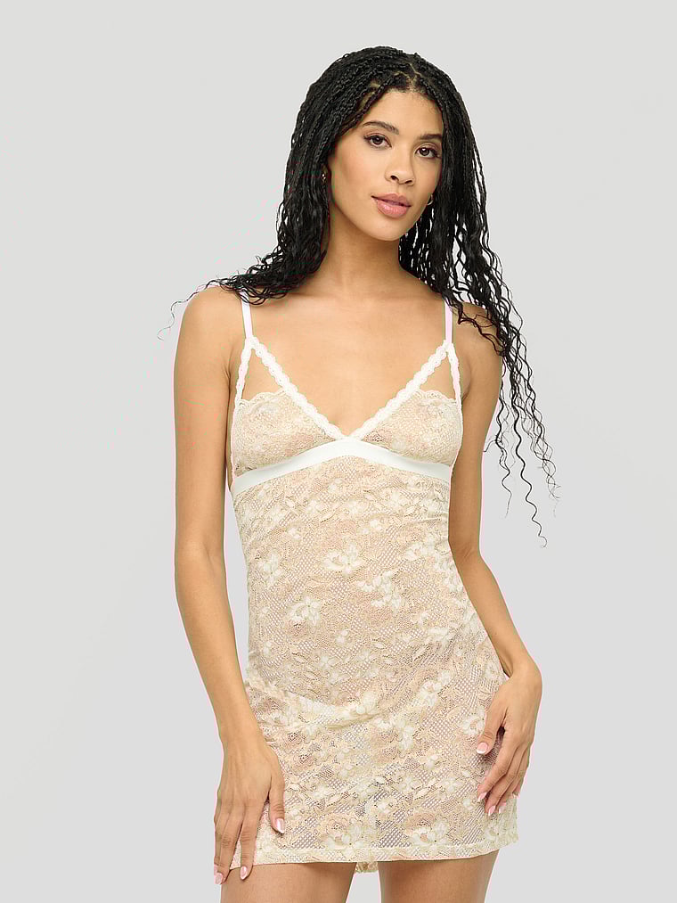 Victoria's Secret, Cosabella Never Say Never Naughty Chemise & G-String Panty Set, Moon Ivory/Rose Gold, onModelFront, 1 of 3
