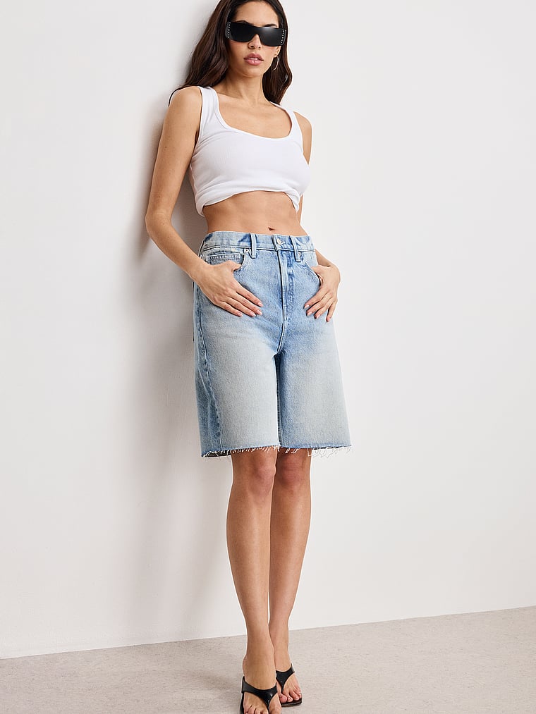 Victoria's Secret, Good American Good Standard Bermuda Shorts, Indigo, onModelFront, 1 of 4