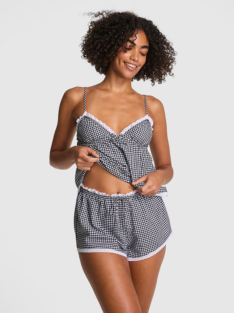 PINK by Frankies Bikinis Cloud Shorts, Black Checker, onModelFront, 1 of 2 Vanessa is 5'10" or 178cm and wears Small
