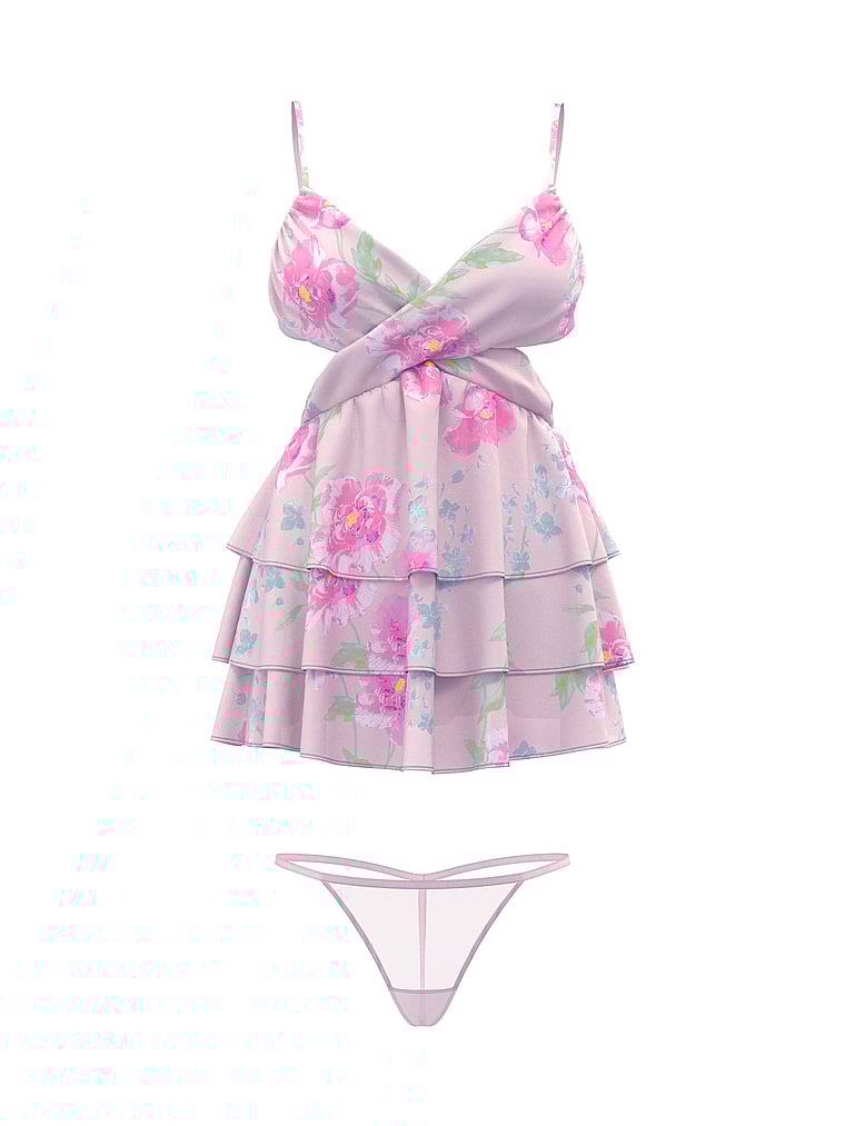 Victoria's Secret, Very Sexy Peony Set mit Babydoll aus Chiffon mit Rüschen, Blasses Pink, offModelFront, 4 of 5