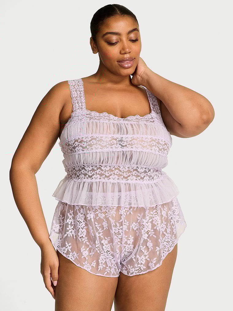 Victoria's Secret, Victoria's Secret Dare to Dream Lace Sheer Cami & Flutter Short Set, Feather Lilac, onModelFront, 1 of 4 Brianna is 5'10" or 178cm and wears Extra Large