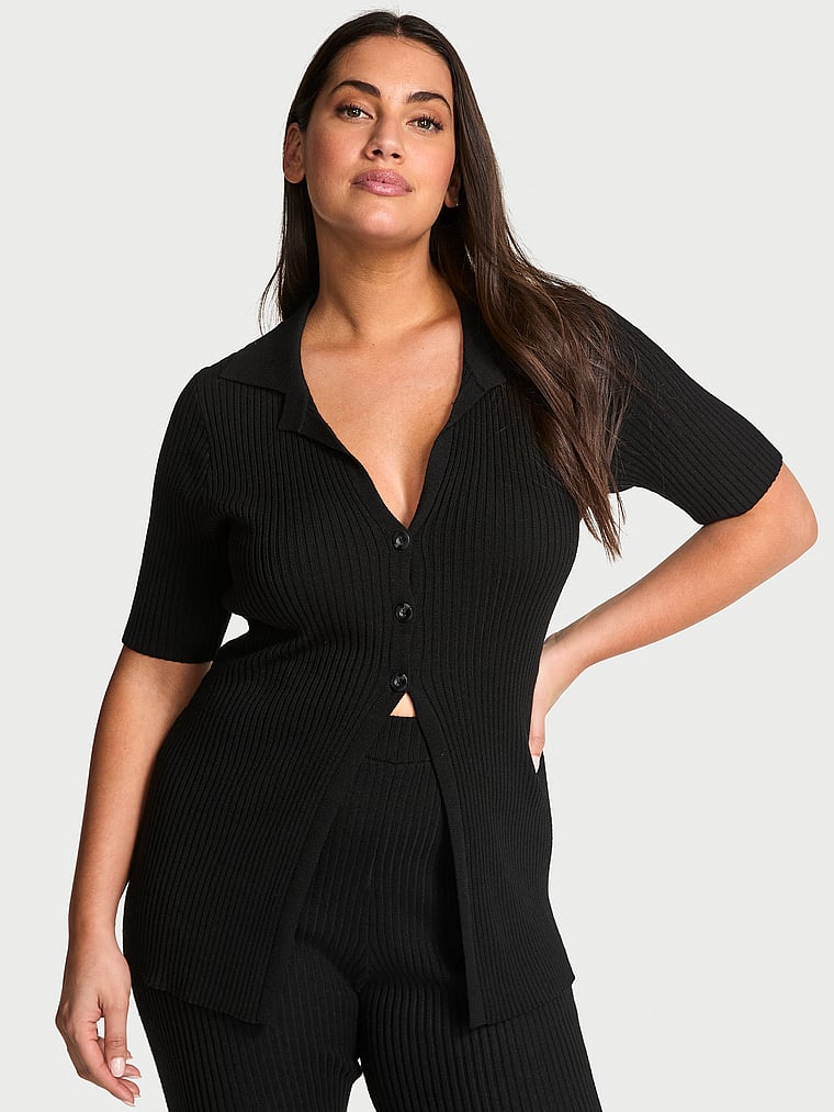 Victoria's Secret, Victoria's Secret Luxe Ribbed Knit Flyaway Cardigan, BLACK, onModelFront, 1 of 2 Lorena is 5'9" or 175cm and wears Large