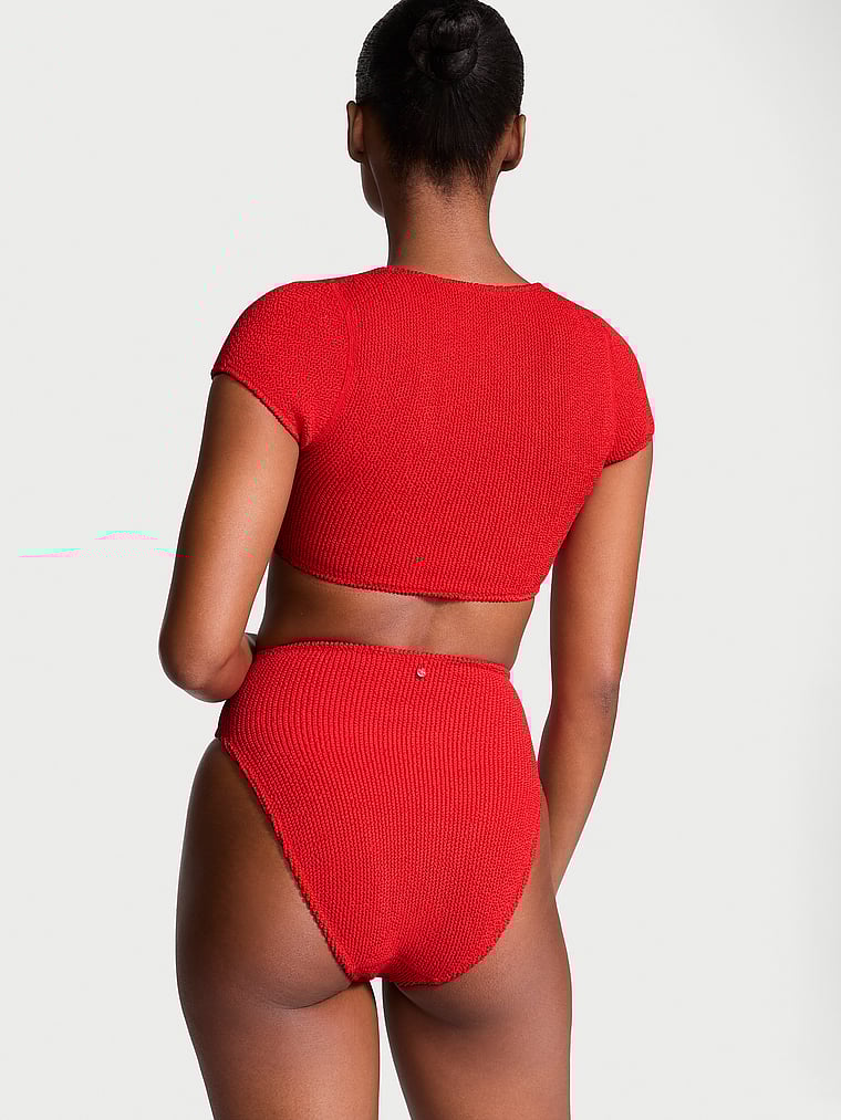 Victoria's Secret, Victoria's Secret Swim Crinkle High-Waist Full-Coverage Bikini Bottom, Bright Vermillion, onModelFront, 1 of 3 Tsheca is 5'9" or 175cm and wears Small