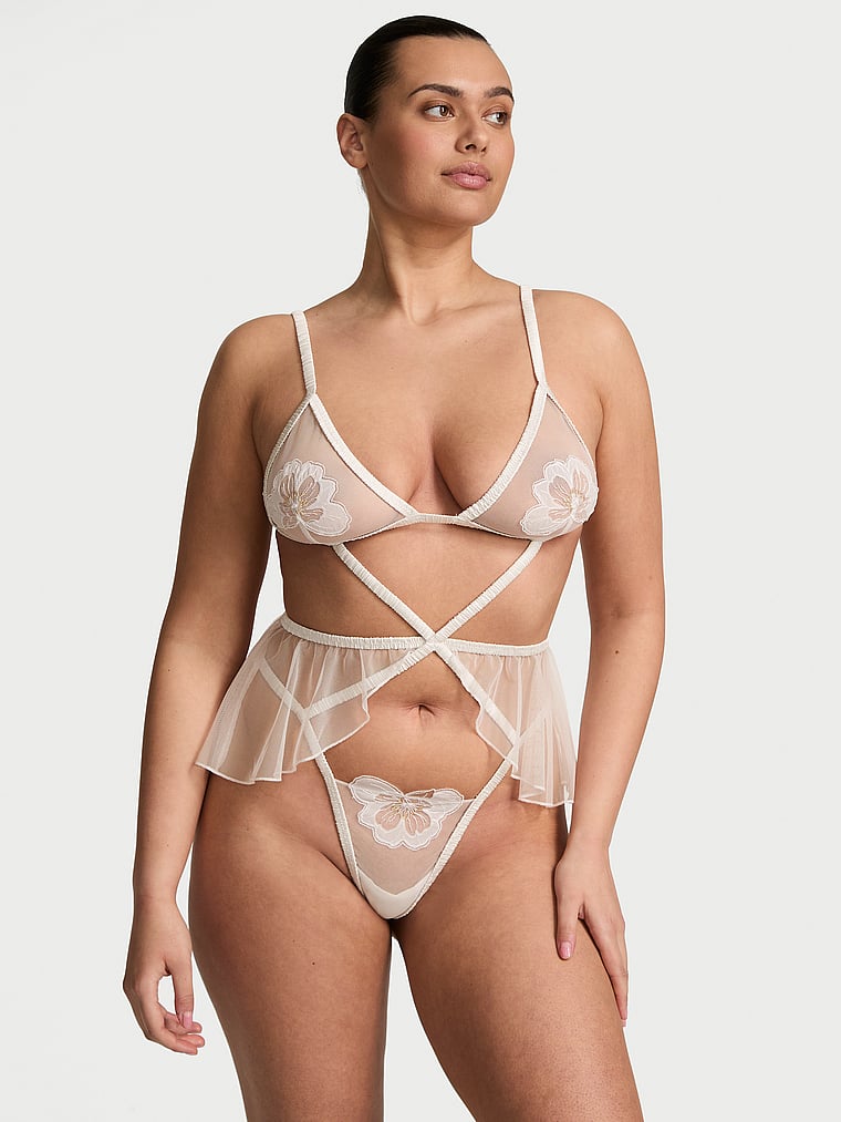 Victoria's Secret, Very Sexy Peony Bridal Strappy Skirted Teddy, Coconut White, onModelFront, 1 of 3 Karmi is 5'10" or 178cm and wears 34DD (E) or Large