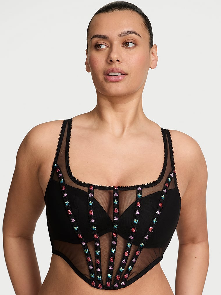 Victoria's Secret, Very Sexy Dark Blossom Embroidery Corset Top, Dark Blossom, onModelFront, 1 of 3 Karmi is 5'10" or 178cm and wears 34DD (E) or Large