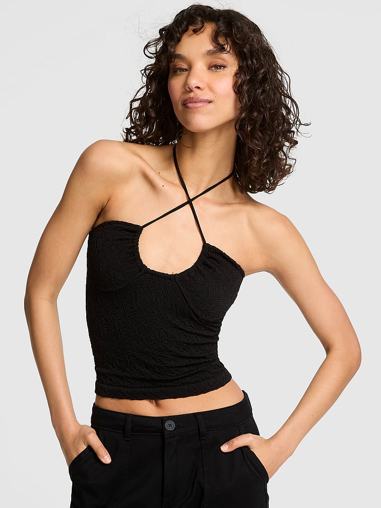 PINK Floral Jacquard Halter Top, Pure Black, onModelFront, 1 of 5 Rae is 5'10" or 178cm and wears Small