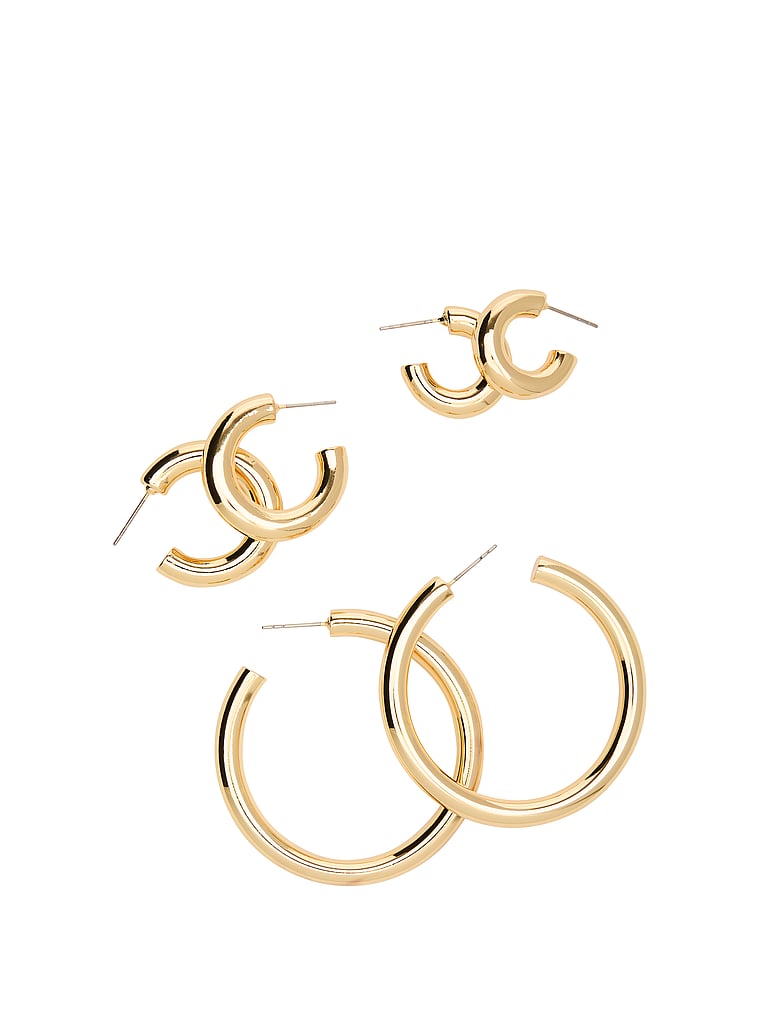 PINK Goldfarbene, dicke Creolen im 3er-Set, Gold, onModelBack, 2 of 3