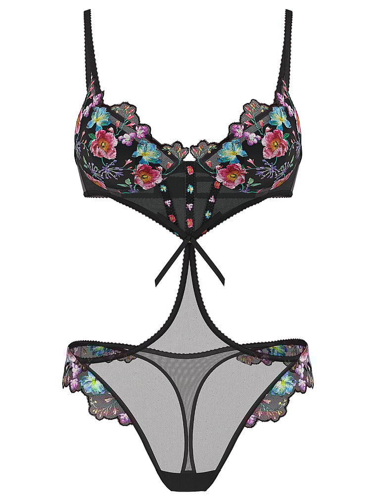 Victoria's Secret, Very Sexy Dark Blossom Leicht gefütterter, tief ausgeschnittener Body mit Halbschalen-Körbchen, Dunkle Blüte, offModelFront, 3 of 3