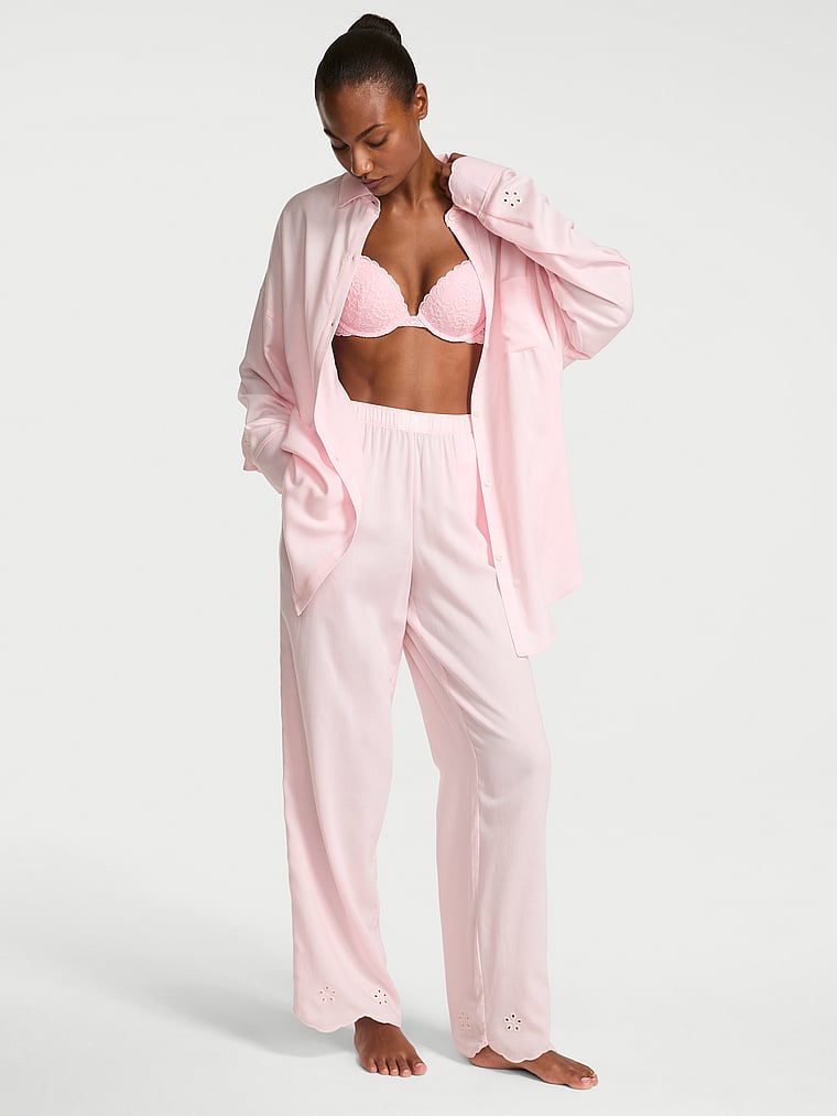 Victoria's Secret, Victoria's Secret Modal-Cotton Eyelet Long Pajama Set, Pink, onModelFront, 1 of 3 Ange-Marie is 5'10" or 178cm and wears S/Regular