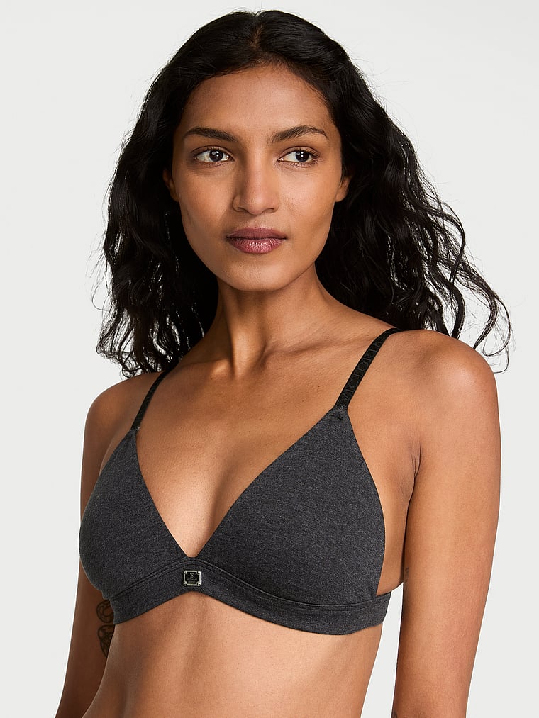 Victoria's Secret, The T-shirt Cotton Logo Hardware Triangle Bralette, Heather Black, onModelFront, 1 of 3 Shaanti is 5'9" or 175cm and wears 32B or Small