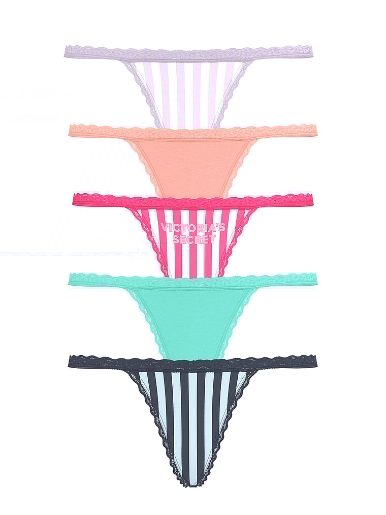 Victoria's Secret, Victoria's Secret V-Strings aus Baumwolle mit Spitzenbesatz im 5er-Pack, Mehrfarbig, offModelFront, 1 of 2