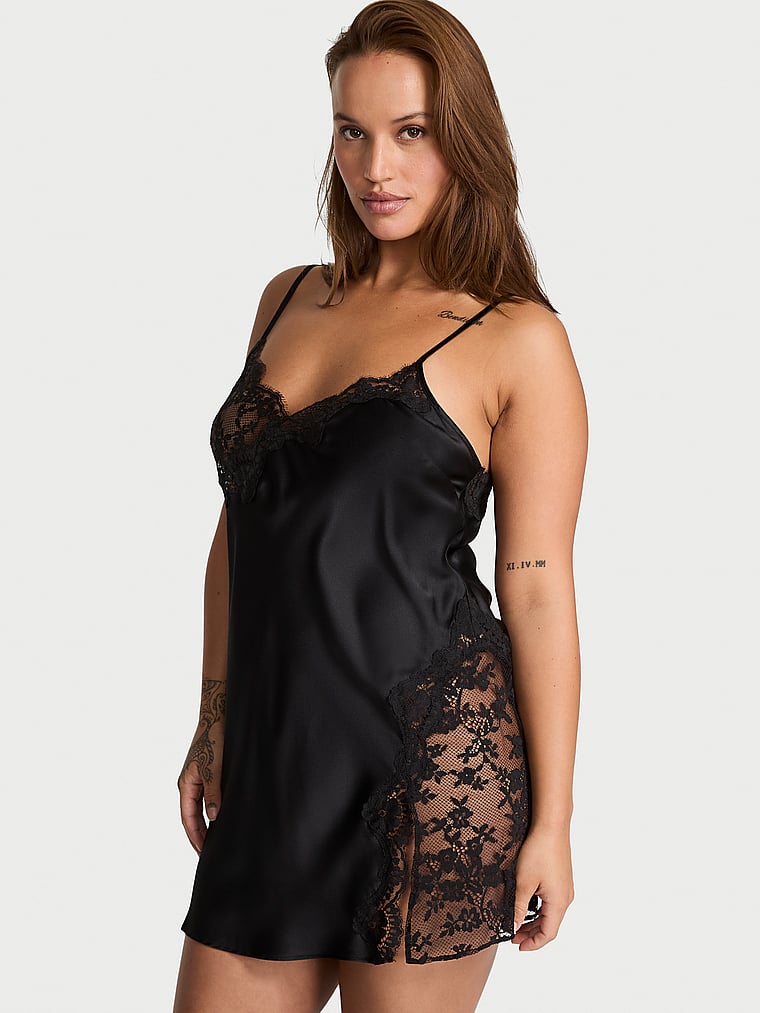 Victoria's Secret, Dream Angels Dare to Dream Lace & Satin Slip, Black, onModelFront, 1 of 3 Sofia is 5'8" or 173cm and wears Large