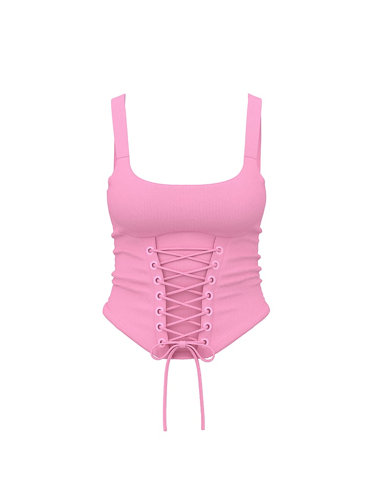 PINK Weiches, geripptes Korsett-Oberteil mit Schnürung für den ganzen Tag, Pink Lollipop, offModelFront, 5 of 5