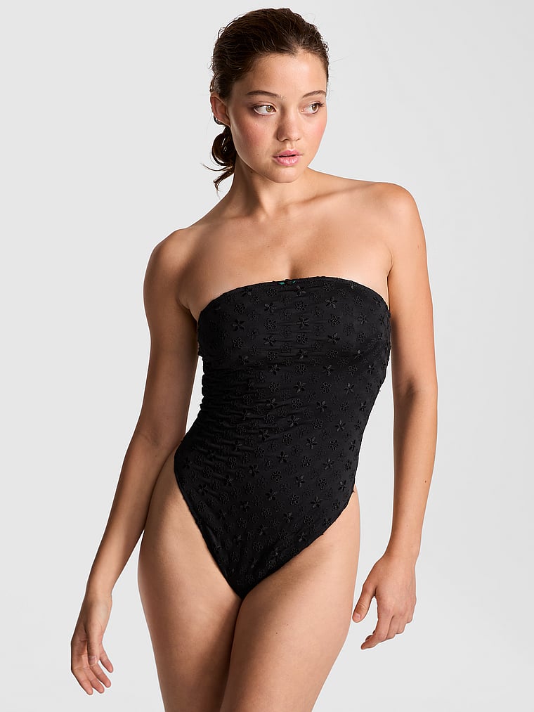 PINK by Frankies Bikinis Francis One-Piece Swimsuit, Black Eyelet, onModelFront, 1 of 3 Ruby is 5'6" or 168cm and wears Small