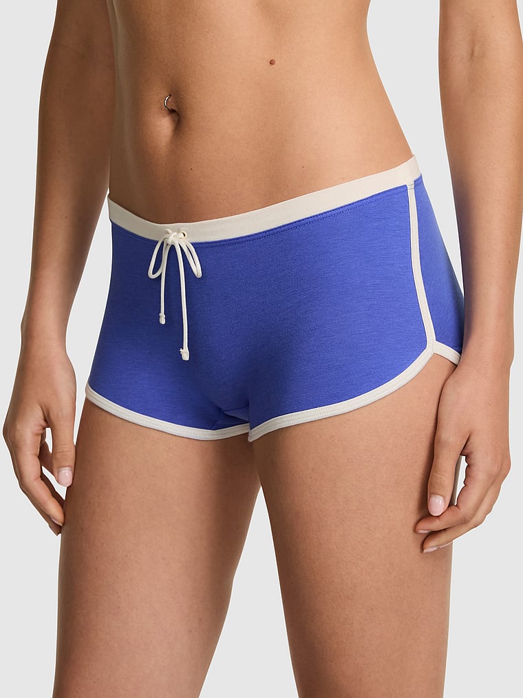 PINK Cotton Dorm Boyshort Panty, Ultramarine Blue PINK Butt Graphic, onModelFront, 1 of 3 Scarlett is 5'11" or 180cm and wears Small