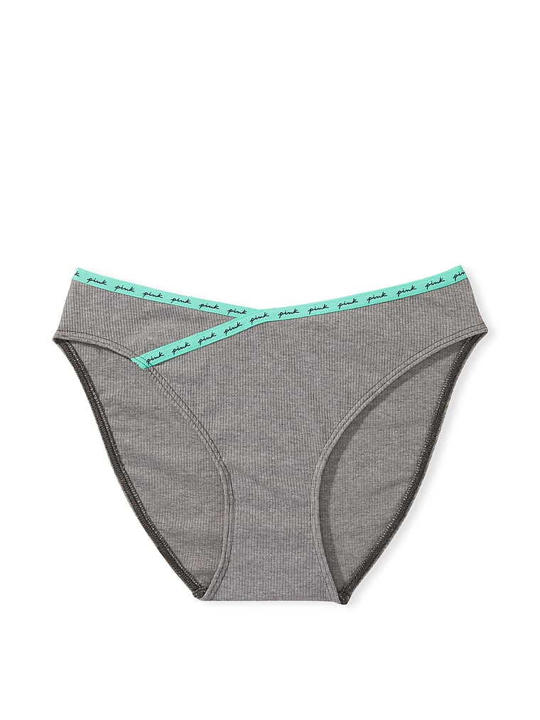 PINK Rib Logo Cotton Bikini Panty, Clay Grey, offModelFront, 3 of 3