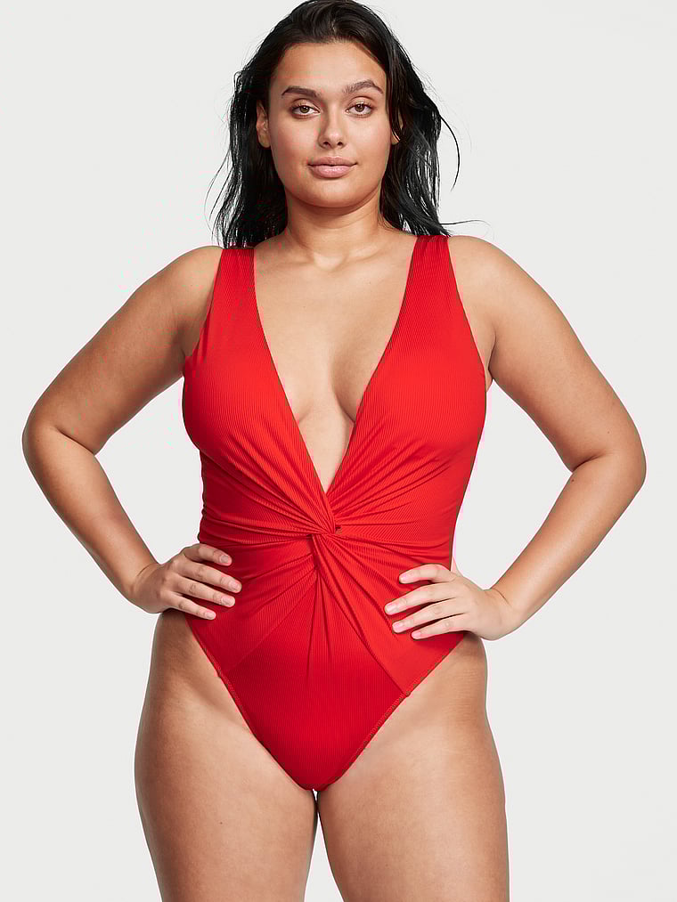 Victoria's Secret, Victoria's Secret Swim Einteiliger Badeanzug mit tiefem Ausschnitt und Knotendetail, onModelFront, 1 of 4