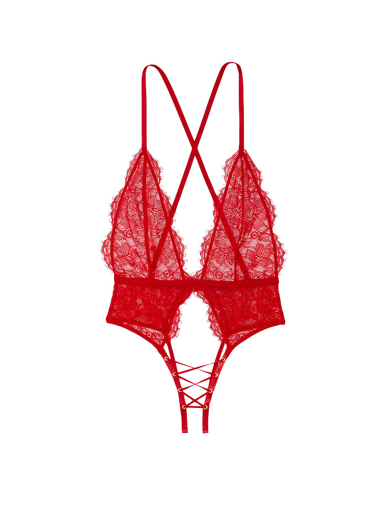 Victoria's Secret, Very Sexy Lacy Lace-Up Crotchless Teddy, Lipstick Red, offModelFront, 3 of 3