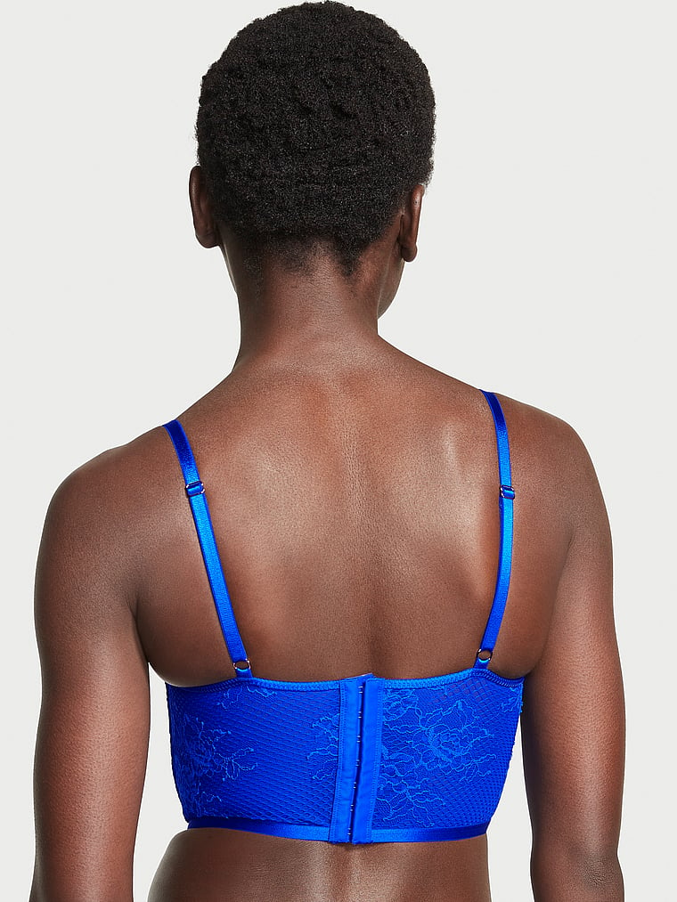 Victoria's Secret, Very Sexy Bombshell Strappy Fishnet Lace Push-Up Corset Top, Blue Oar, onModelBack, 5 of 5 Wayne is 5'10" or 178cm and wears 32B or Small