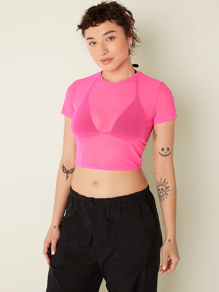 PINK Kurzes, kurzärmeliges Oberteil aus Netzstoff, onModelFront, 1 of 4
