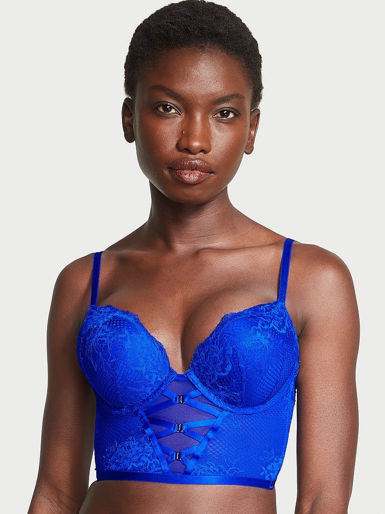 Victoria's Secret, Very Sexy Bombshell Strappy Fishnet Lace Push-Up Corset Top, Blue Oar, onModelFront, 4 of 5 Wayne is 5'10" or 178cm and wears 32B or Small