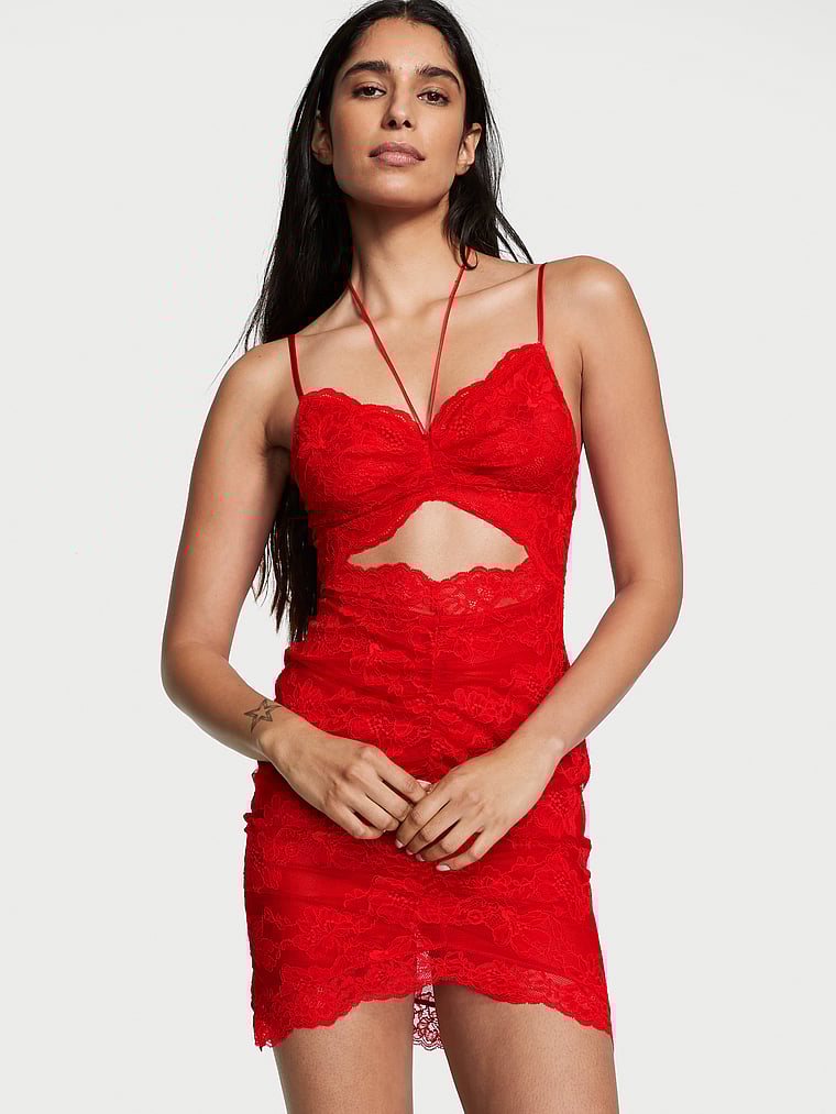 Victoria's Secret, Victoria's Secret Minikleid mit geraffter Spitze und Zierausschnitt​​​​​​​, onModelFront, 1 of 3