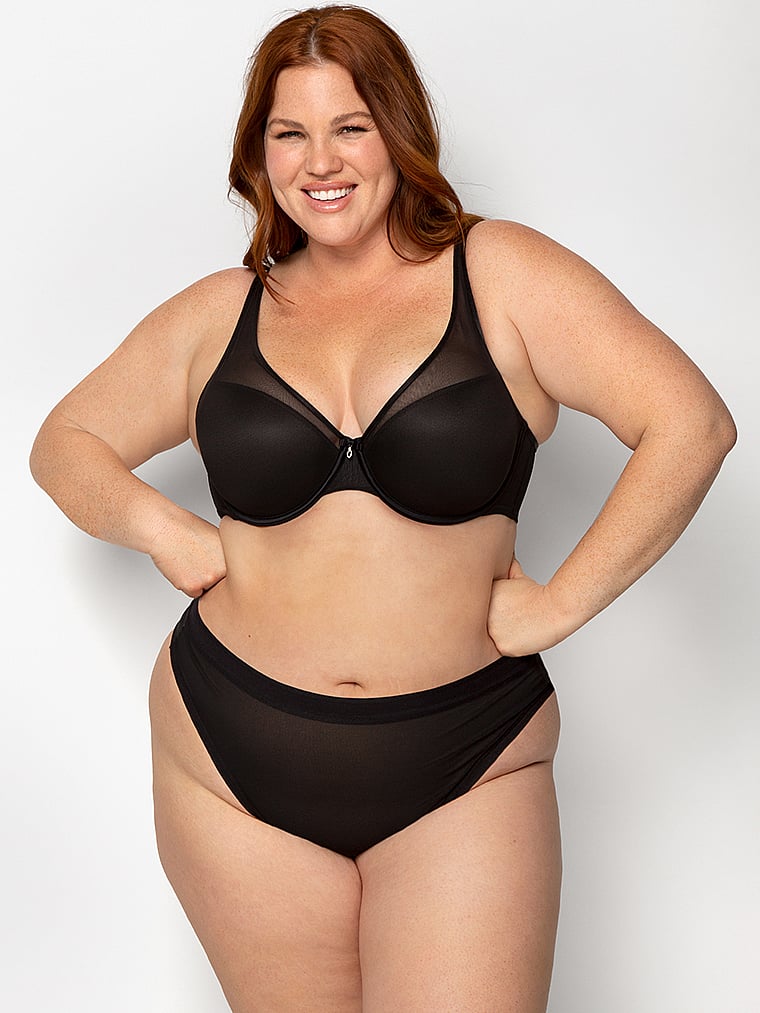 Victoria's Secret, Curvy Couture Sheer Mesh High-Cut Thong Panty, Black, onModelFront, 1 of 3