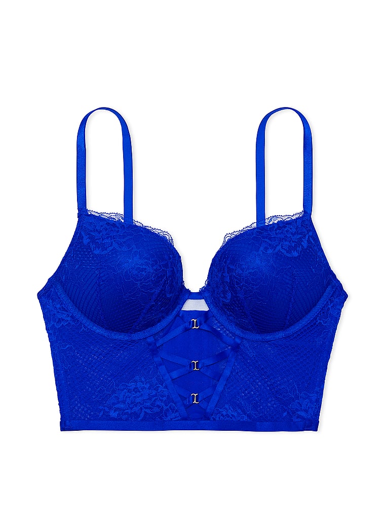 Victoria's Secret, Very Sexy Bombshell Strappy Fishnet Lace Push-Up Corset Top, Blue Oar, offModelFront, 2 of 5