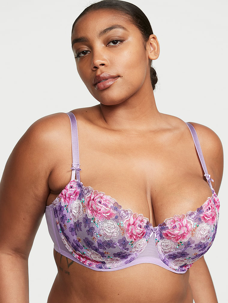 Victoria's Secret, Dream Angels Wicked Unlined Floral Embroidery Balconette Bra, Electric Blooms Embroidery, onModelFront, 1 of 4 Brianna is 5'10" or 178cm and wears 38DD (E) or Extra Large