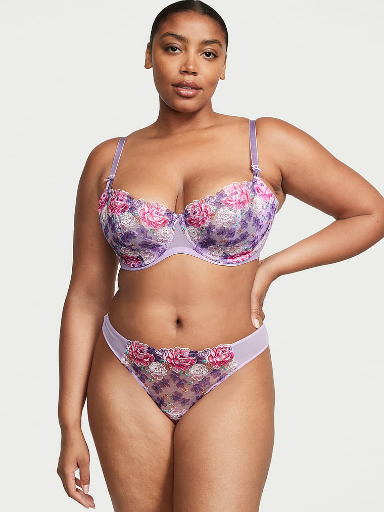 Victoria's Secret, Dream Angels Wicked Unlined Floral Embroidery Balconette Bra, Electric Blooms Embroidery, onModelSide, 3 of 4 Brianna is 5'10" or 178cm and wears 38DD (E) or Extra Large