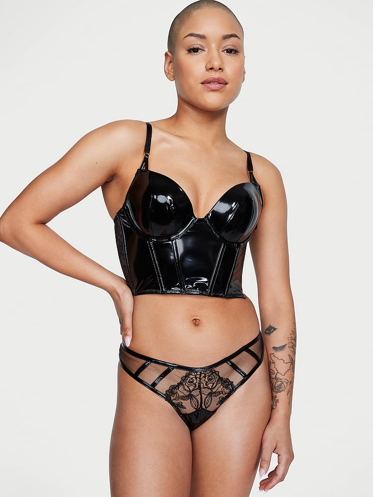 Victoria's Secret, Very Sexy Midnight Affair Faux Patent Leather Push-Up Corset Top, Black, onModelSide, 3 of 4 Dash is 5'4" or 163cm and wears 34B or Small
