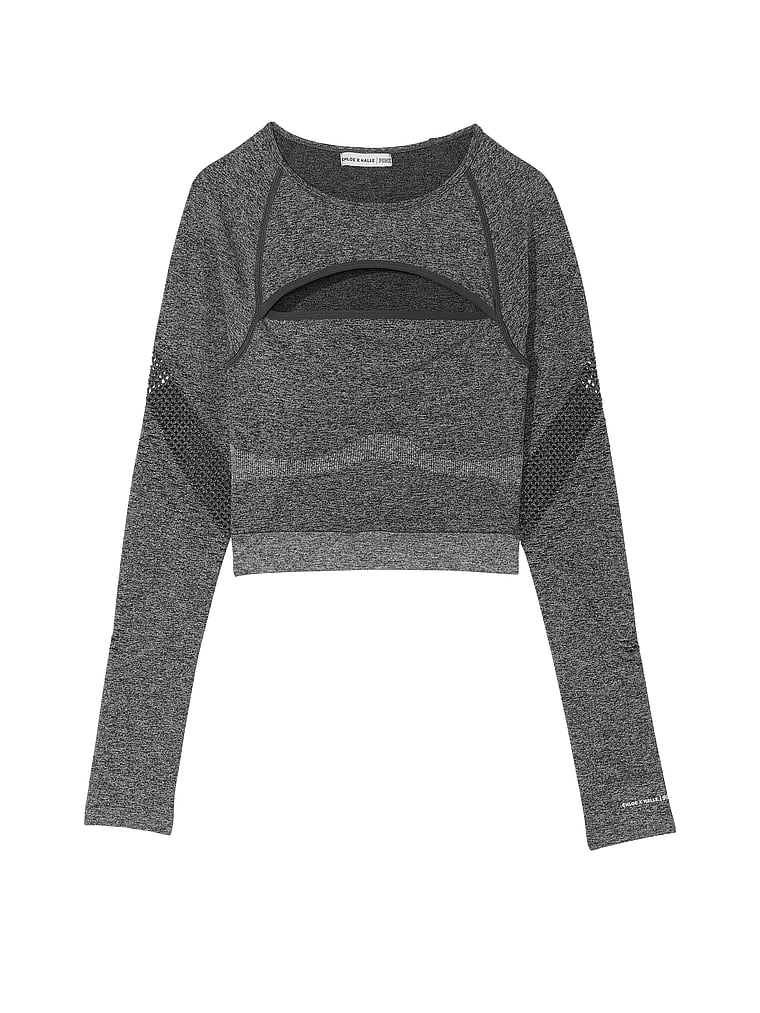 PINK Chlöe x Halle Langärmeliges, kurzes Oberteil aus nahtlosem Netzstoff, offModelFront, 3 of 3