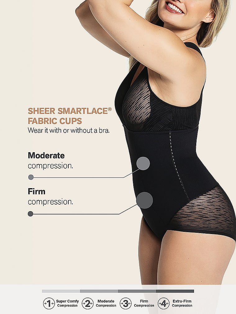Victoria's Secret, Leonisa Shapewear Sheer Stripe Detail Sculpting Bodysuit, Black, offModelBack, 4 of 4