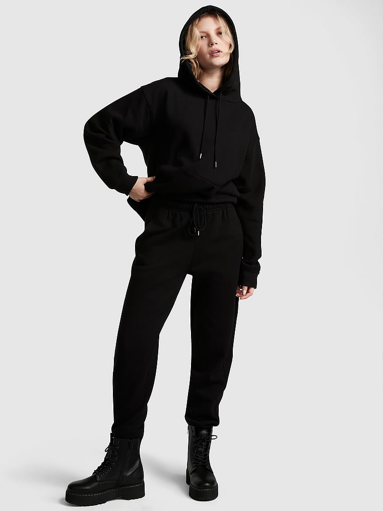PINK Premium Fleece Oversized Hoodie, Pure Black, onModelSide, 3 of 5 Anabel is 5'8" or 173cm and wears Small