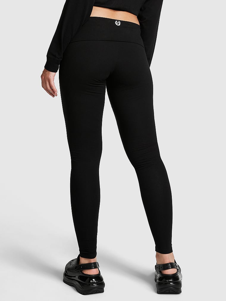 PINK Cotton Mid-Rise Foldover Leggings, Pure Black, onModelBack, 2 of 3 Jocelyn is 5'8" or 173cm and wears Small