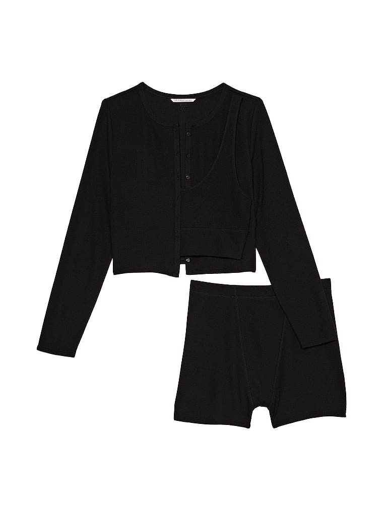 Victoria's Secret, Victoria's Secret Dreiteiliger Pyjama mit Shorts und Glow-Waffelmuster, offModelFront, 3 of 4
