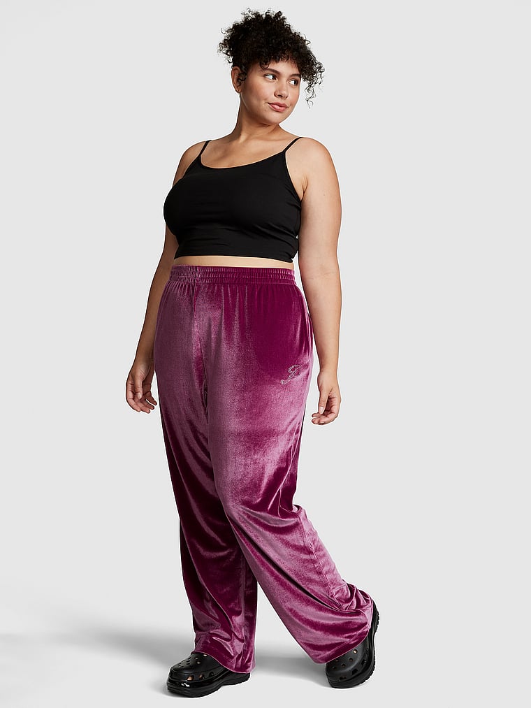 PINK Velour Shine Logo Wide-Leg Pants, Vivid Magenta, onModelFront, 4 of 5 Diana is 5'8" or 173cm and wears Extra Extra Large