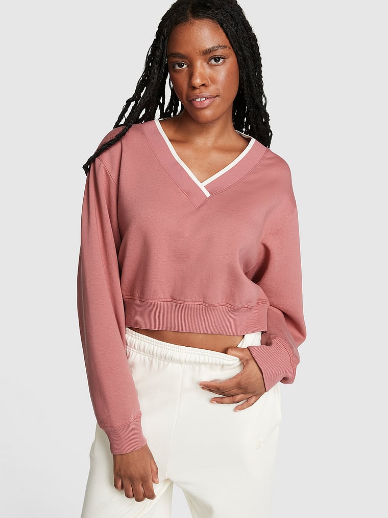 PINK Premium Fleece V-Neck Pullover, Soft Begonia, onModelFront, 1 of 4 Julia is 5'11" or 180cm and wears Small