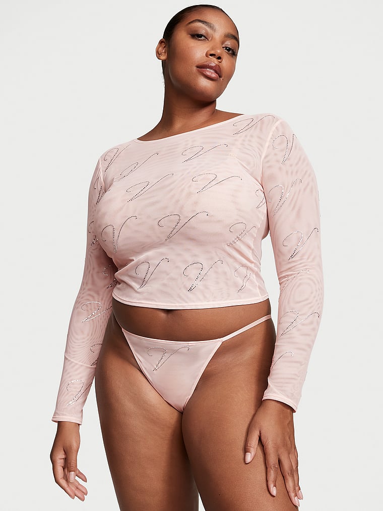 Victoria's Secret, Very Sexy Oberteil und Höschen aus glänzendem Netzstoff mit V-Logo im Set, onModelFront, 1 of 4