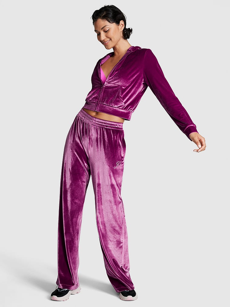 PINK Velour Shine Logo Wide-Leg Pants, Vivid Magenta, onModelSide, 1 of 5 Yared is 5'10" or 178cm and wears Small