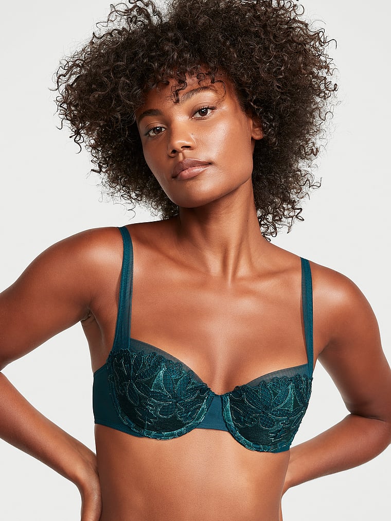 Victoria's Secret, Very Sexy Velvet Ziggy Glam Floral Embroidery Lightly Lined Balconette Bra, Black Ivy, onModelFront, 1 of 5 Ange-Marie is 5'10" or 178cm and wears 34B or Small