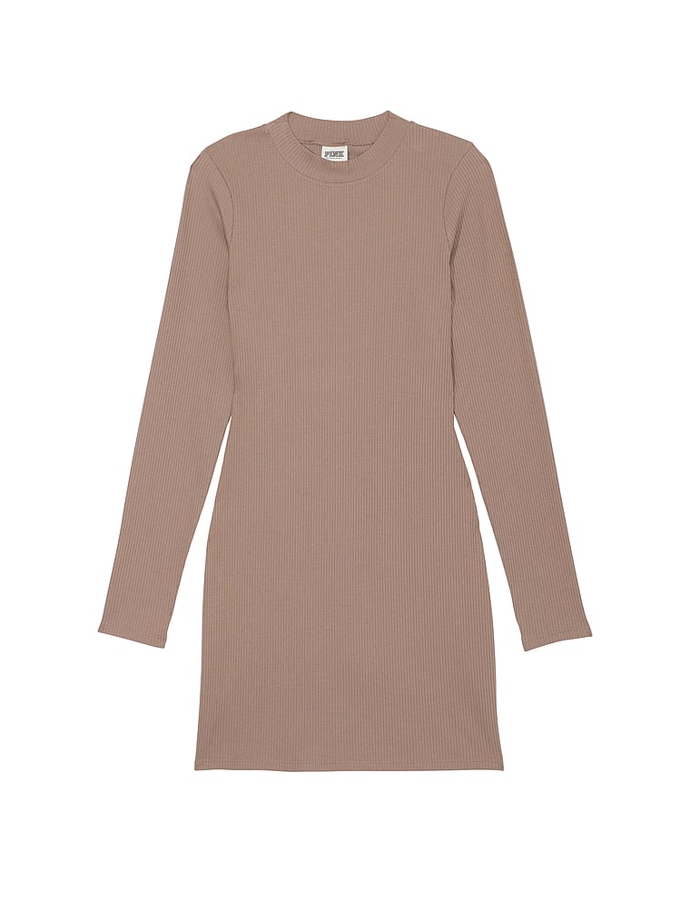 PINK Stretch Cotton Long-Sleeve Mock-Neck Dress, Iced Coffee, offModelFront, 3 of 3