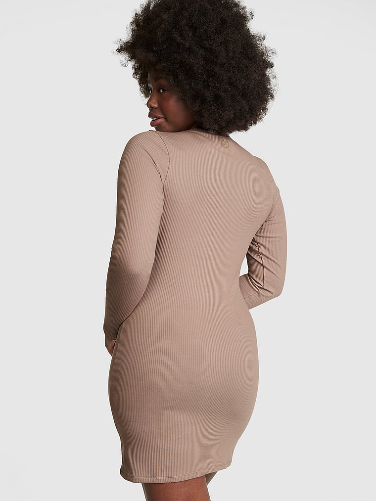 PINK Stretch Cotton Long-Sleeve Mock-Neck Dress, Iced Coffee, onModelBack, 2 of 3 Fanta is 5'11" or 180cm and wears 34D or Medium