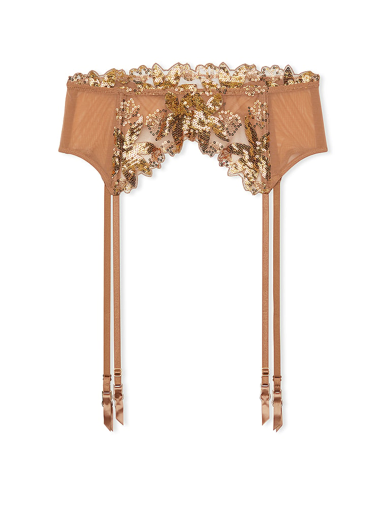 Victoria's Secret, Very Sexy Gold Sequined Ziggy Glam Floral Embroidery Garter Belt, offModelFront, 4 of 4