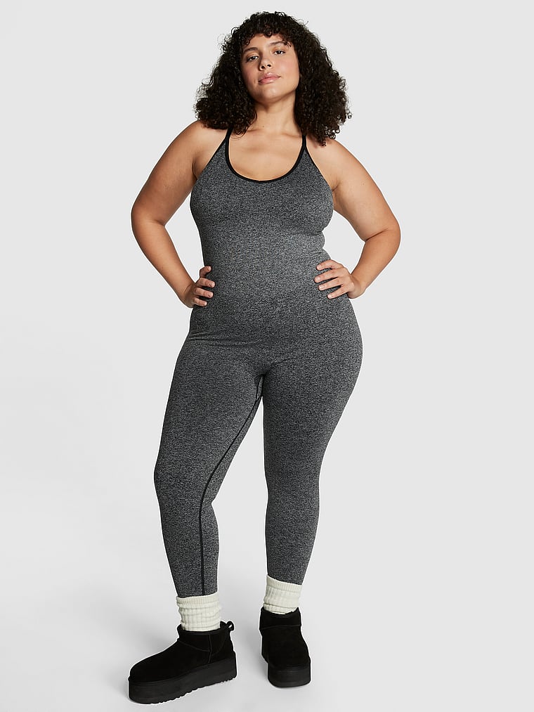 PINK Seamless Workout Onesie, Pure Black Marl, onModelFront, 1 of 3 Diana is 5'8" or 173cm and wears Extra Extra Large