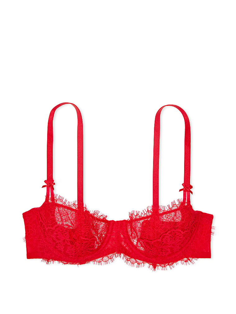 Victoria's Secret, Dream Angels Wicked Unlined Lace Balconette Bra, Lipstick, offModelFront, 1 of 1