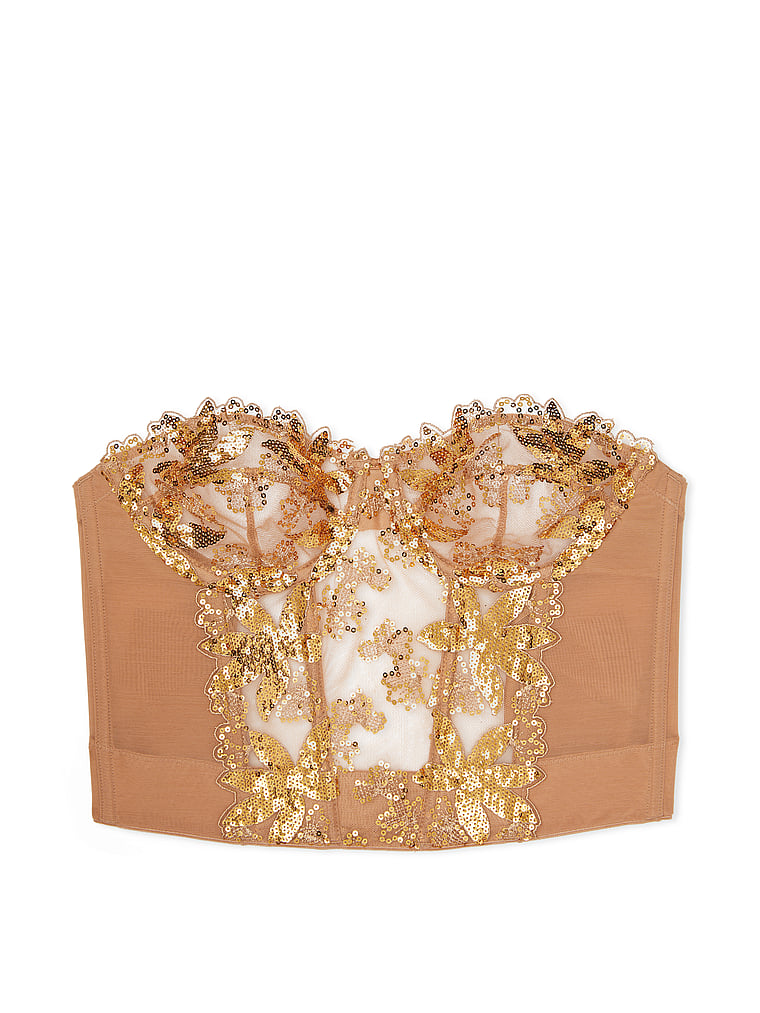 Victoria's Secret, Very Sexy Gold Sequined Ziggy Glam Floral Embroidery Unlined Corset Top, Gold, offModelFront, 4 of 5