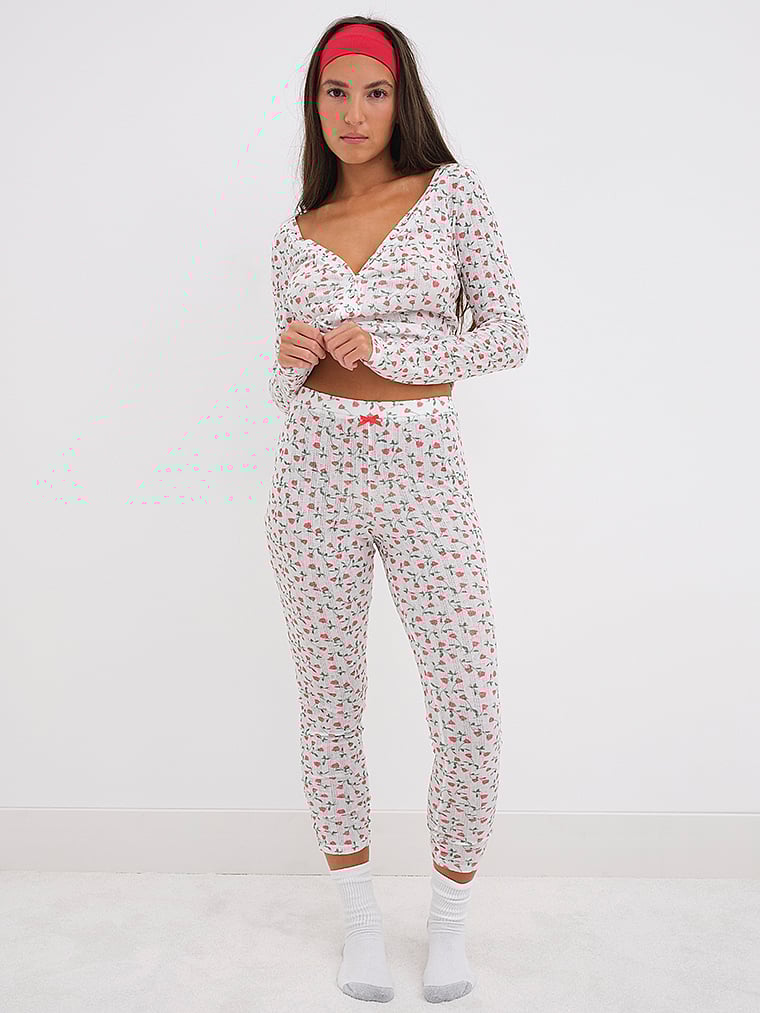 Victoria's Secret, For Love & Lemons Pointelle Long-Sleeve Sleep Set, White Roses, onModelFront, 1 of 6